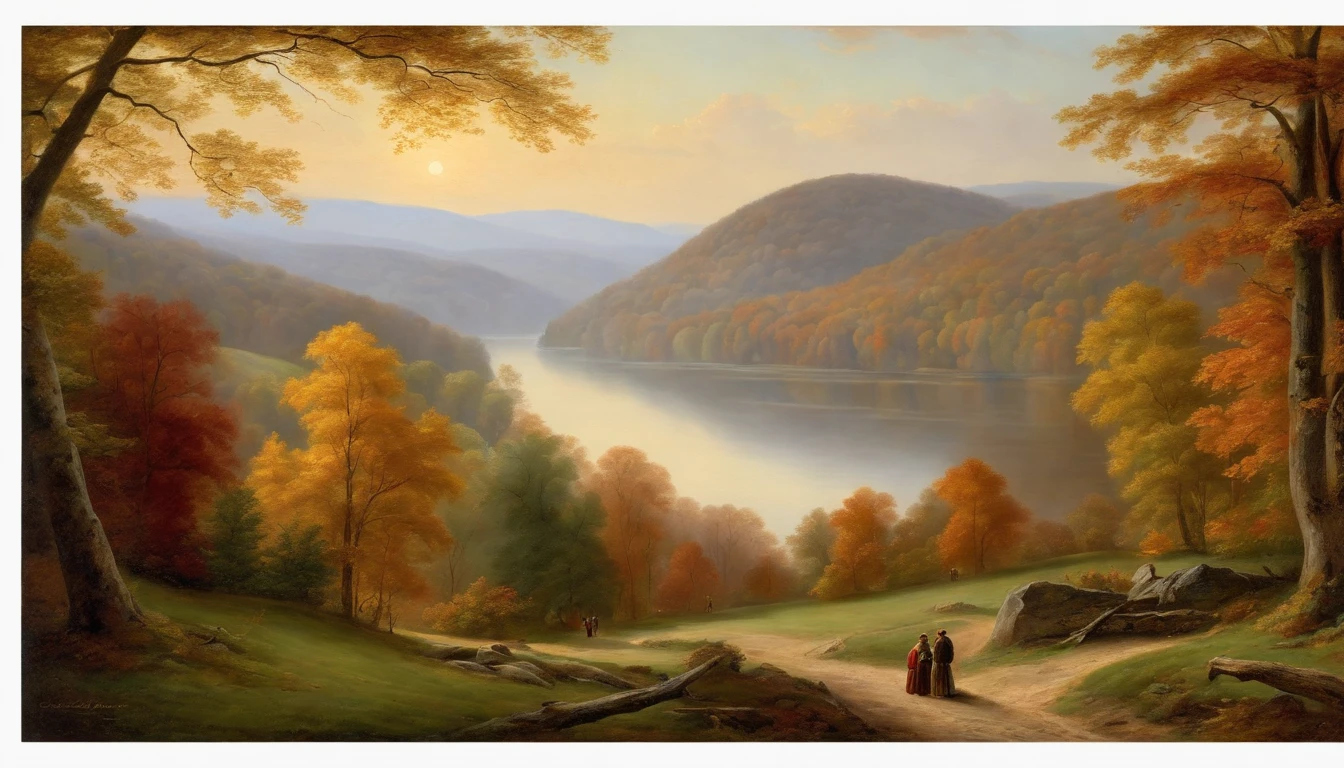 autumn woodland scene overlooking hills, trees in full view and at the side of the image, looking through trees onto valley, couple standing by the lake looking out to the water, Asher Brown Durand, Camille Pissarro style --no frames, canvas