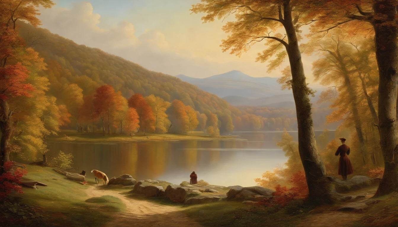 autumn woodland scene overlooking hills, trees in full view and at the side of the image, looking through trees onto valley, couple standing by the lake looking out to the water, Asher Brown Durand, Camille Pissarro style --no frames, canvas