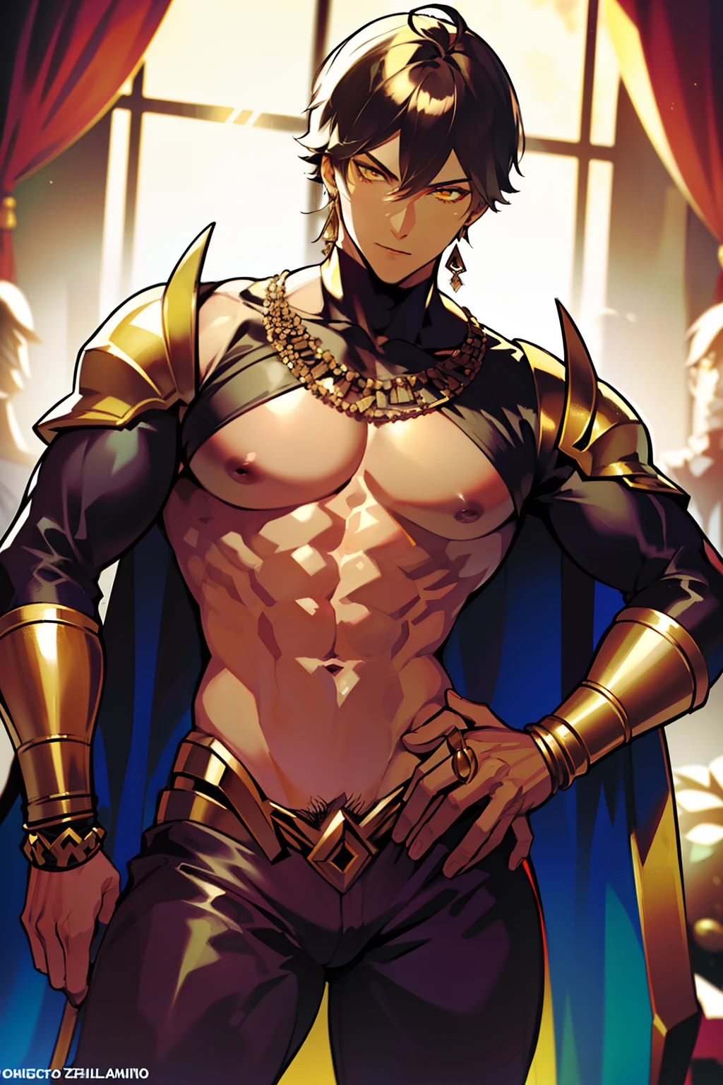 "(Ozymandias, de espaldas, trasero enorme, pose  seductora, sonrisa arrogante, defined muscles, pecho prominente y grande, pecho musculoso enorme, musculos marcados, hombros anchos, poca ropa, fondo negro de estrellas, pecho descubierto, sin armaduras, SIN PANTALONES, sin armaduras doradas, pose sexy, poca ropa, tetas grandes, cuerpo sudado, piernas musculosas, tocandose las tetas de hombre, entrepierna marcada, gran pene, trasero enorme, VENAS MARCADAS, CUERPO MOJADO, con licor en el pecho, con crema en el cuerpo, cuerpo sudado)"