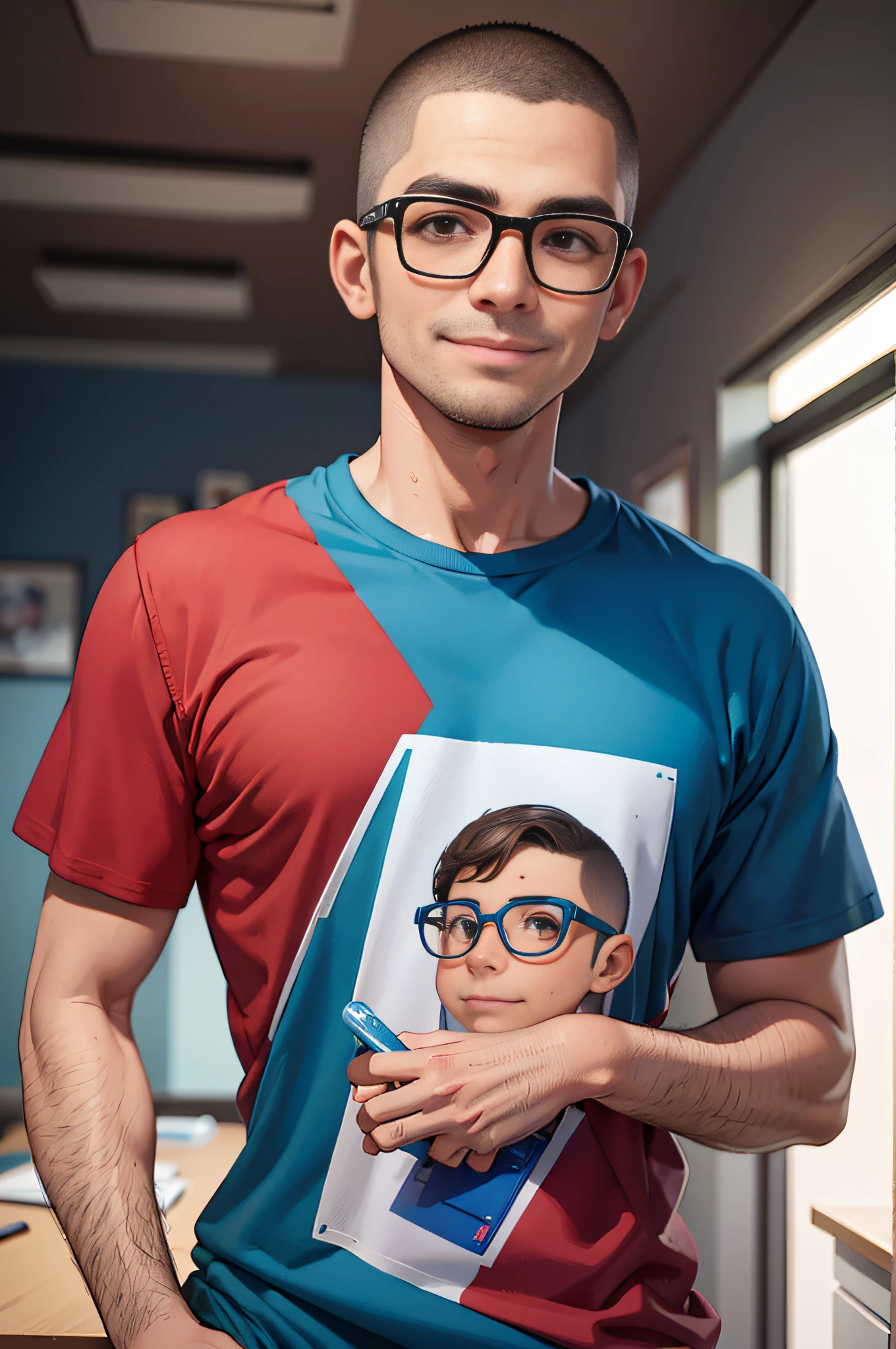 um homem com um corte de cabelo buzzcut e cabelo curto, raspado dos lados. Your face is clean and attractive, with brown eyes that stand out behind his modern nerd-style glasses, He's smiling at the camera, conveying confidence and professionalism, maintaining its characteristic cartoonish appearance,  A roupa, ele veste uma camiseta nas cores azul e vermelho, Profile photo that radiates creativity and competence in the world of graphic design, representado de forma divertida e cativante