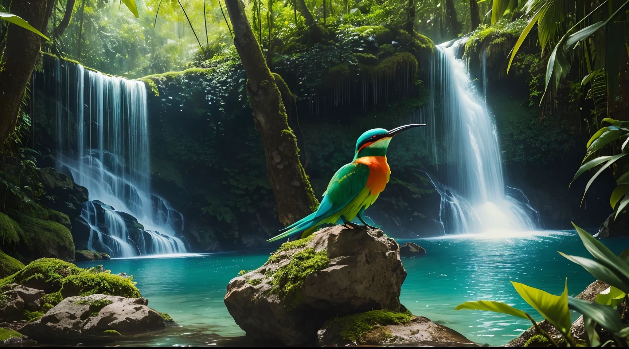 beste-Qualit, Ultra-detailed, (photoreallistic), jungle fantastique, European bee-eater with bright colors fly, green jungle with a waterfall in the background, profondeur de champ, grain de film, professional lighting, Colorful scene