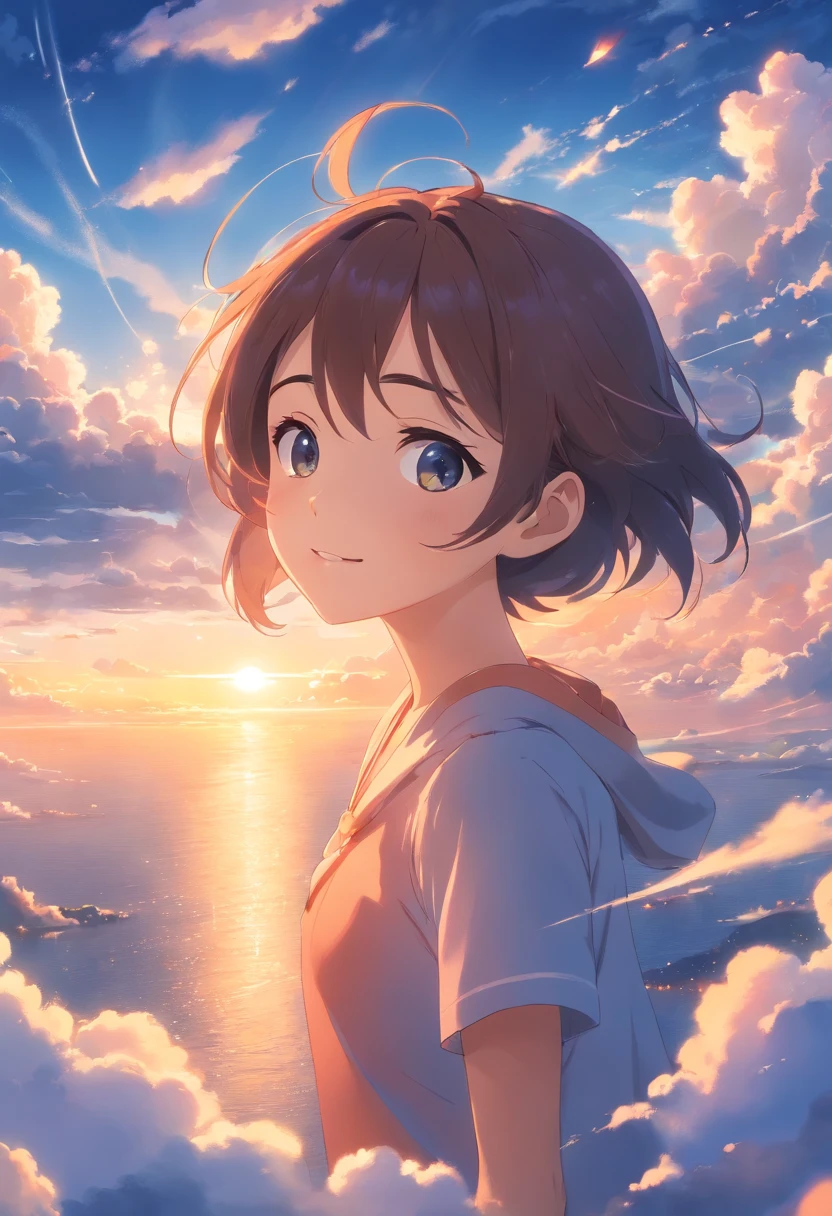 masterpiece, best quality, movie still, 1girl, cloud girl, floating in the sky, close-up, bright, happy, warm soft lighting, sunset, (sparks:0.7)