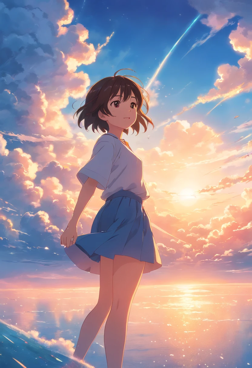 masterpiece, best quality, movie still, 1girl, cloud girl, floating in the sky, close-up, bright, happy, warm soft lighting, sunset, (sparks:0.7)
