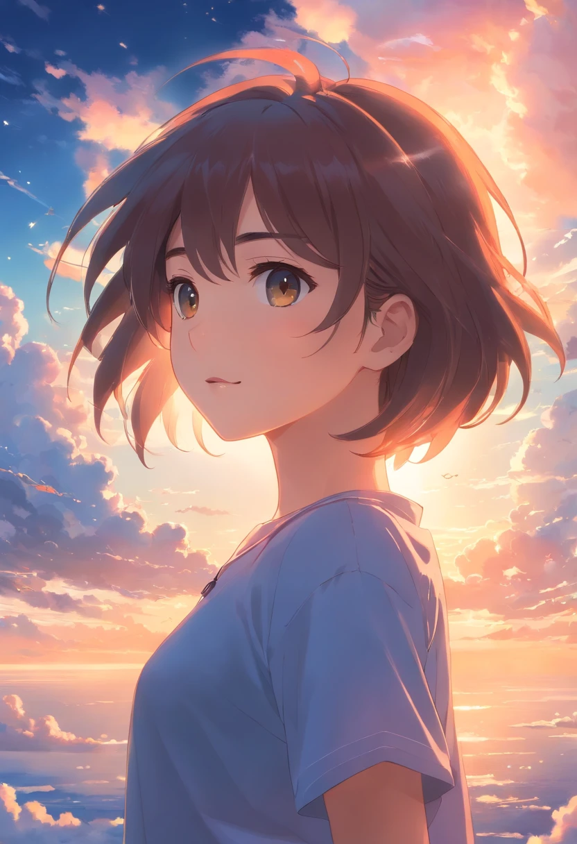 masterpiece, best quality, movie still, 1girl, cloud girl, floating in the sky, close-up, bright, happy, warm soft lighting, sunset, (sparks:0.7)