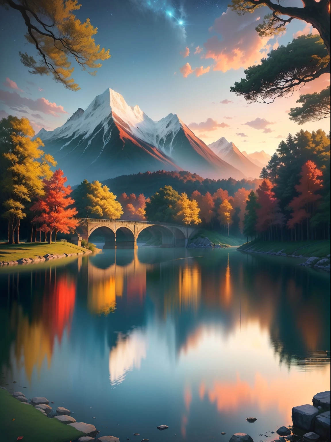 a painting of a lake with trees and a bridge in the background, com lua Clara, starly sky, scenery artwork, noite de outono, scenery art detailed, arte de fundo, arte bonita, arte de fundo do anime, paisagem natural noturna, bela cena detalhada, beautiful artwork, beautiful anime scenery, bela cena de anime, bela arte digital, cena quente e bonita, dream scenery art, anime bela cena de paz, bela arte digital