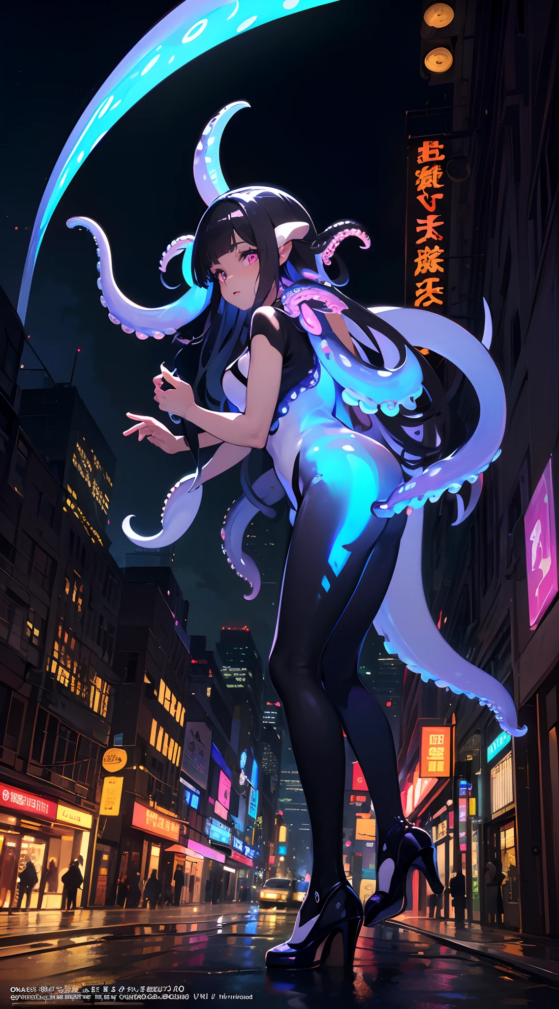(Dynamic Angle:1.4), ((Full body posing:1.3), (Colorful:1.2), (Highly detailed CG Unity 16K wallpaper:1.1), (Denoising strength: 1.45), (tmasterpiece:1.37), ((Official art)), of the highest quality, (skin with a burnt color:1.1), Deformed Character, (Black hair Long hair:1.2),(Iridescent Octopus Hand:1.5),Random hair,Glowing eyes,(nice eyes:1.2),((Poses in motion:1.1)),((Iridescent octopus tentacles:1.5)),wires, (LED:1.3), (a hologram:1.2), futuristic city street, Neon light, Skyscrapers, (Night:1.2), (Rainbow Model:1.2), 8K resolution, (Anime style:1.3), Cinematic lighting, chromatic abberation, spark of light, Ray tracing, blending, ultra wide-angle,  Hasselblad, (masutepiece), (masutepiece), ((Best Quality)), ((masutepiece)), nffsw