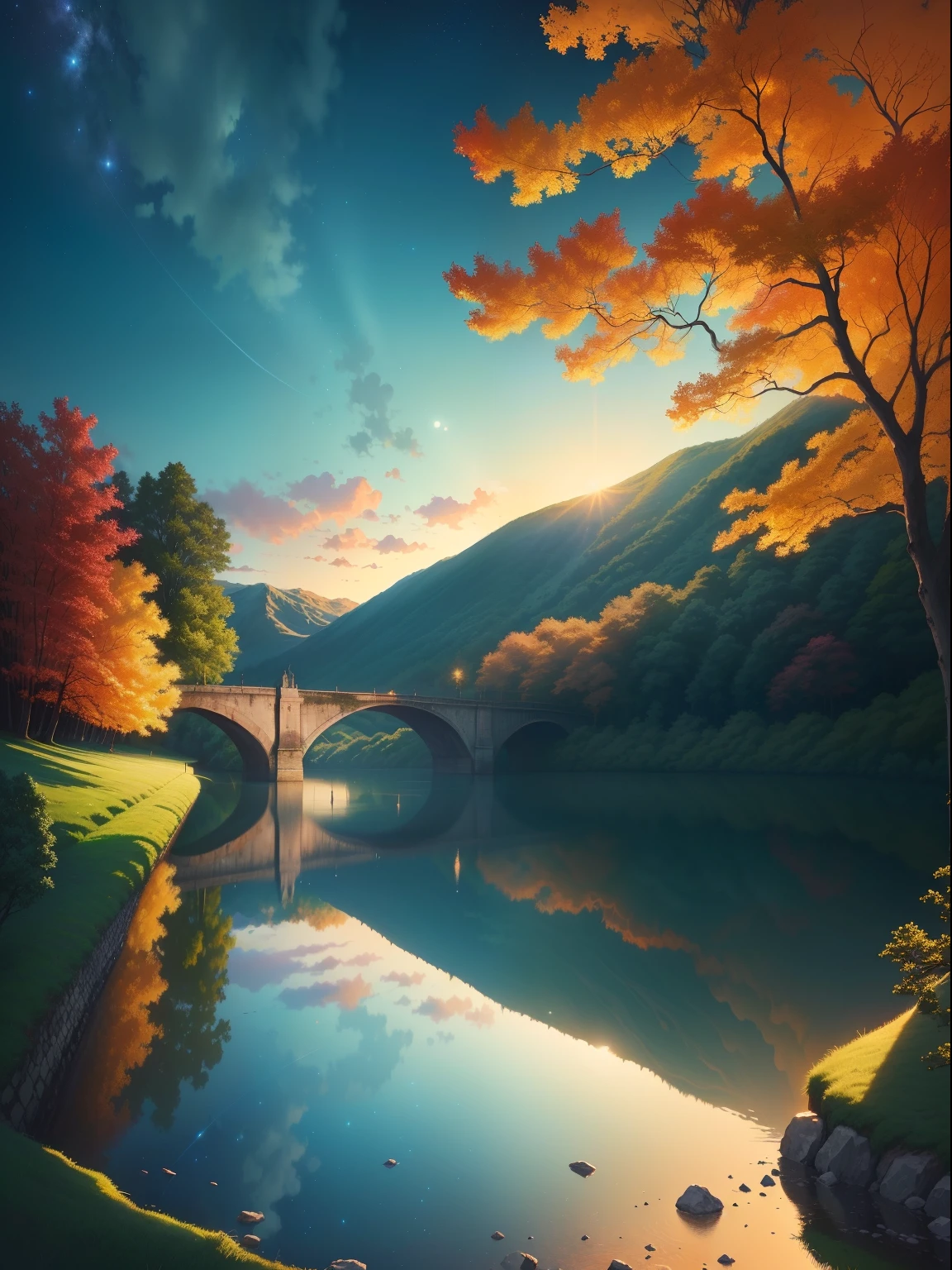 a painting of a lake with trees and a bridge in the background, com lua Clara, starly sky, scenery artwork, noite de outono, scenery art detailed, arte de fundo, arte bonita, arte de fundo do anime, paisagem natural noturna, bela cena detalhada, beautiful artwork, beautiful anime scenery, bela cena de anime, bela arte digital, cena quente e bonita, dream scenery art, anime bela cena de paz, bela arte digital