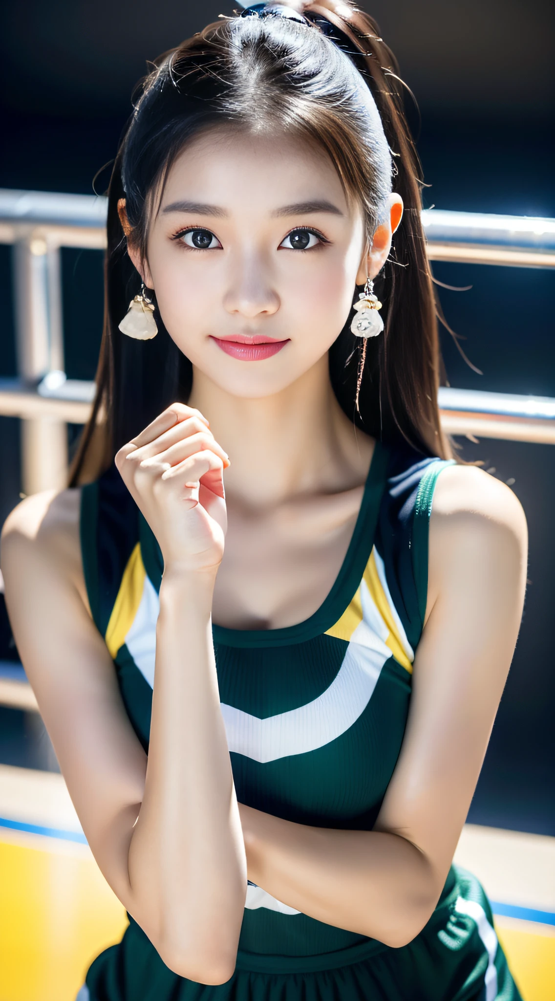 Realistic photos of (1 cute Korean star) blue french braid, thin makeup, slightly smile, 32 inch breasts size, green v-neck t-shirt,short pants, , upper body portrait, UHD, green shoes, background river