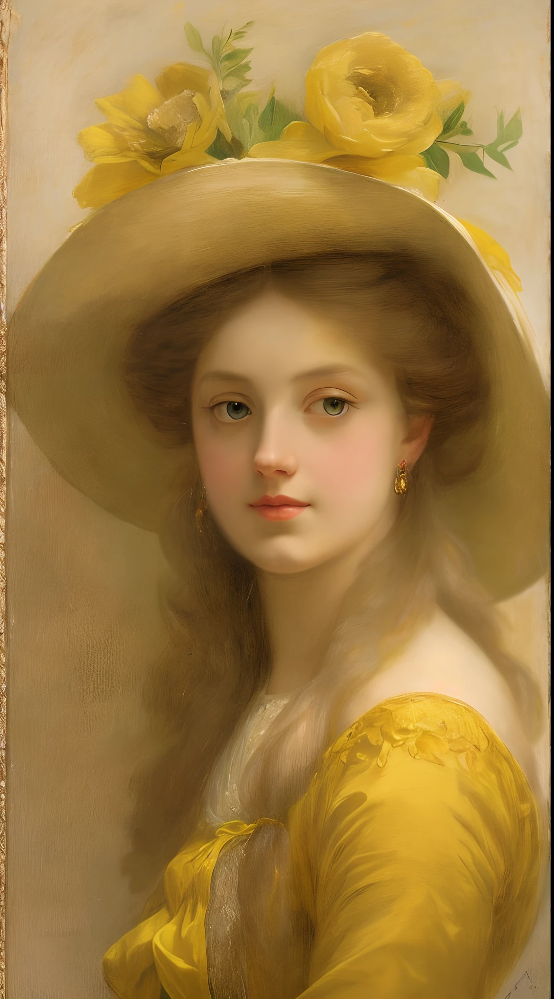 Arad woman in a yellow dress，Wearing a hat with flower arrangement, A young woman, inspired by Friedrich von Amerling, inspired by Francesco Hayez, author：Francesco Hayez, inspired by Franz Xaver Winterhalter, portrait of a young empress, Portrait of an actress, author：Emmanuel de Witte, author：Friedrich von Amerlin, Young woman, author：Dirk de Bray