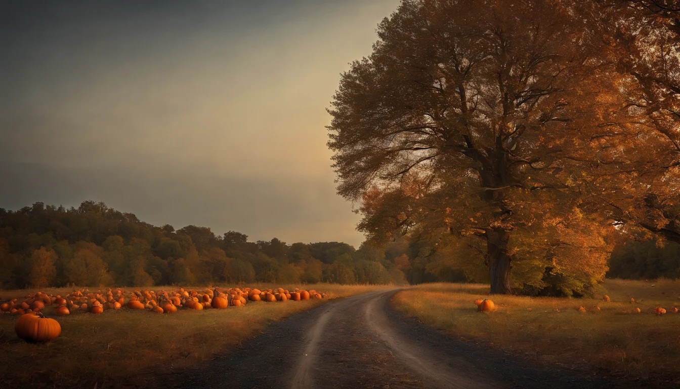 haunted forest, pathway through the tree, pumpkins on the ground, Asher Brown Durand, Camille Pissarro style --no frames, canvas