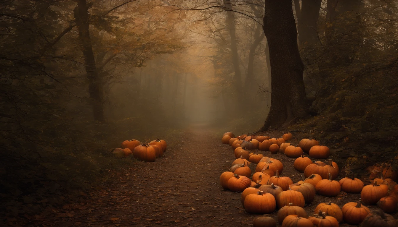 haunted forest, pathway through the tree, pumpkins on the ground, Asher Brown Durand, Camille Pissarro style --no frames, canvas