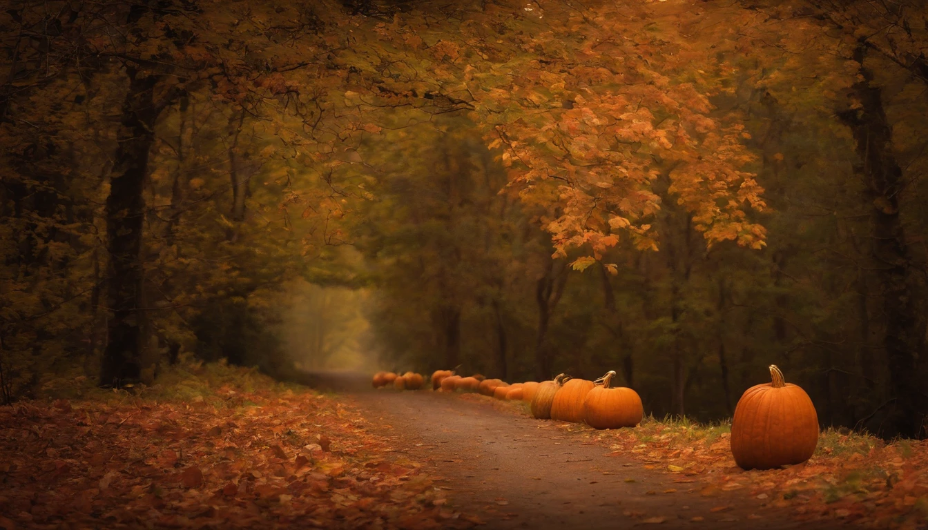 haunted forest, pathway through the tree, pumpkins on the ground, Asher Brown Durand, Camille Pissarro style --no frames, canvas