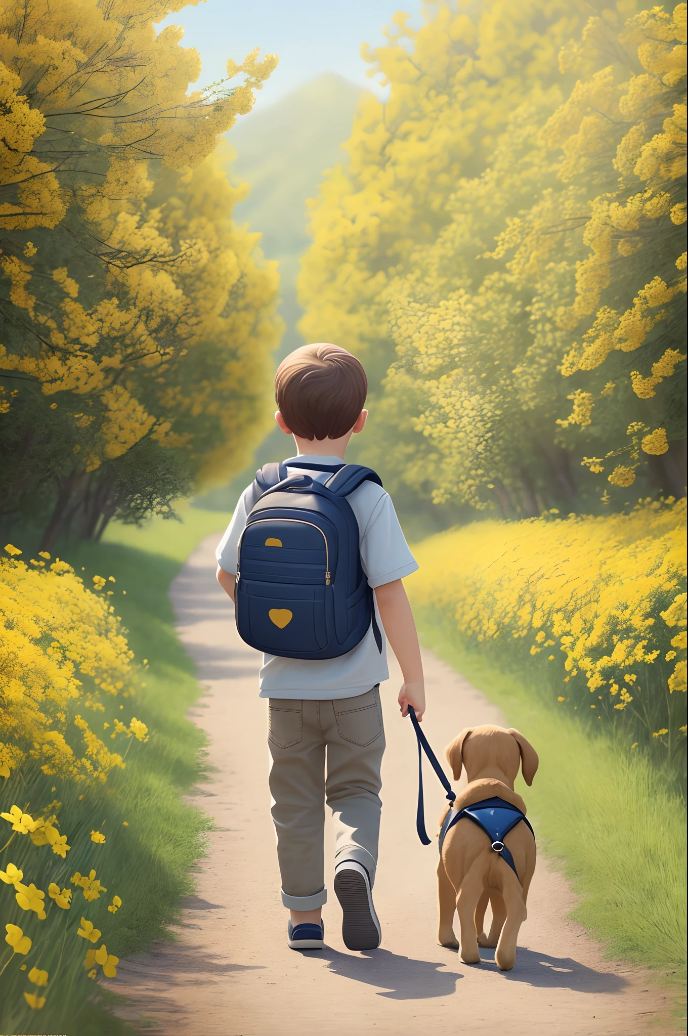 A very cute boy, Carrying a backpack and his cute puppy, Enjoy a beautiful spring walk, surrounded by beautiful yellow flowers and nature. The illustration is a high definition illustration in 4K resolution, with very detailed facial features and cartoon-style visuals. --auto --s2