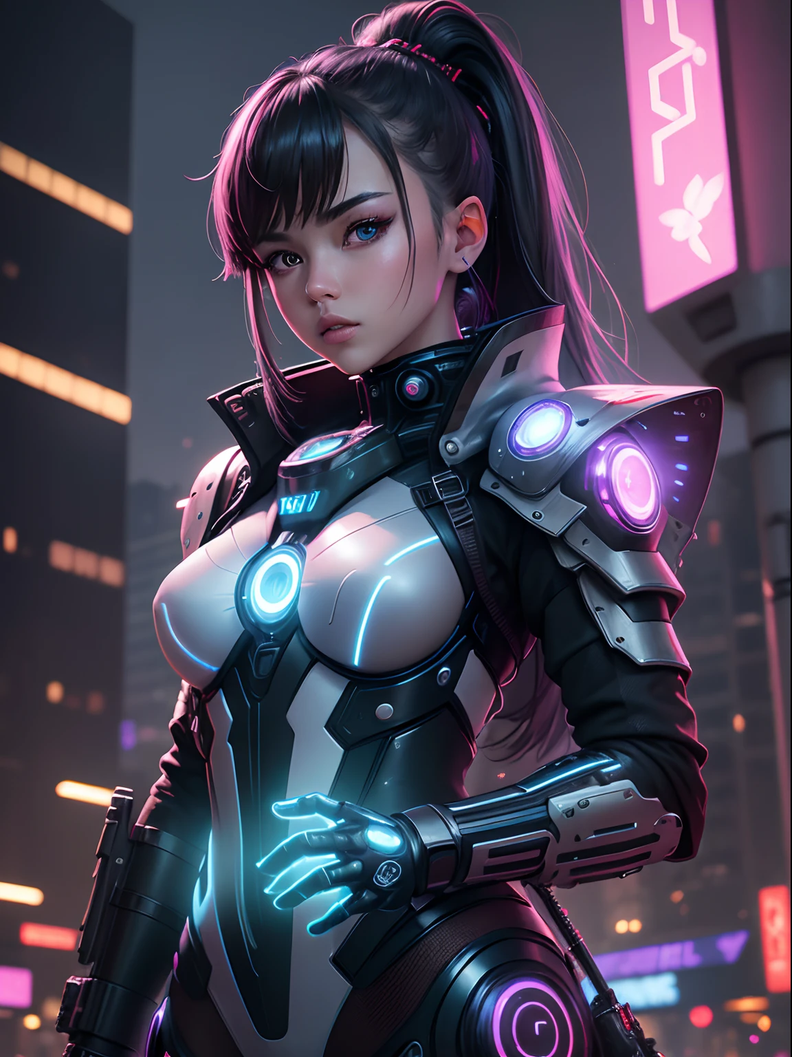 a girl with cybernetic enhancements, glowing ethereal eyes, metallic body parts, futuristic clothing, surrounded by cherry blossom trees, holding a samurai sword, in a neon-lit cityscape, with a vibrant cyberpunk aesthetic, with a cool blue color palette, illuminated by neon lights, showcasing the intricate details and textures of her cybernetic enhancements, portrayed in a photorealistic style, with a sense of depth and dimension, creating a mesmerizing and immersive artwork. (best quality,ultra-detailed,hdr,studio lighting,sharp focus,physically-based rendering,professional,vivid colors,bokeh),cyberpunk,anime,portraits,japanese culture
