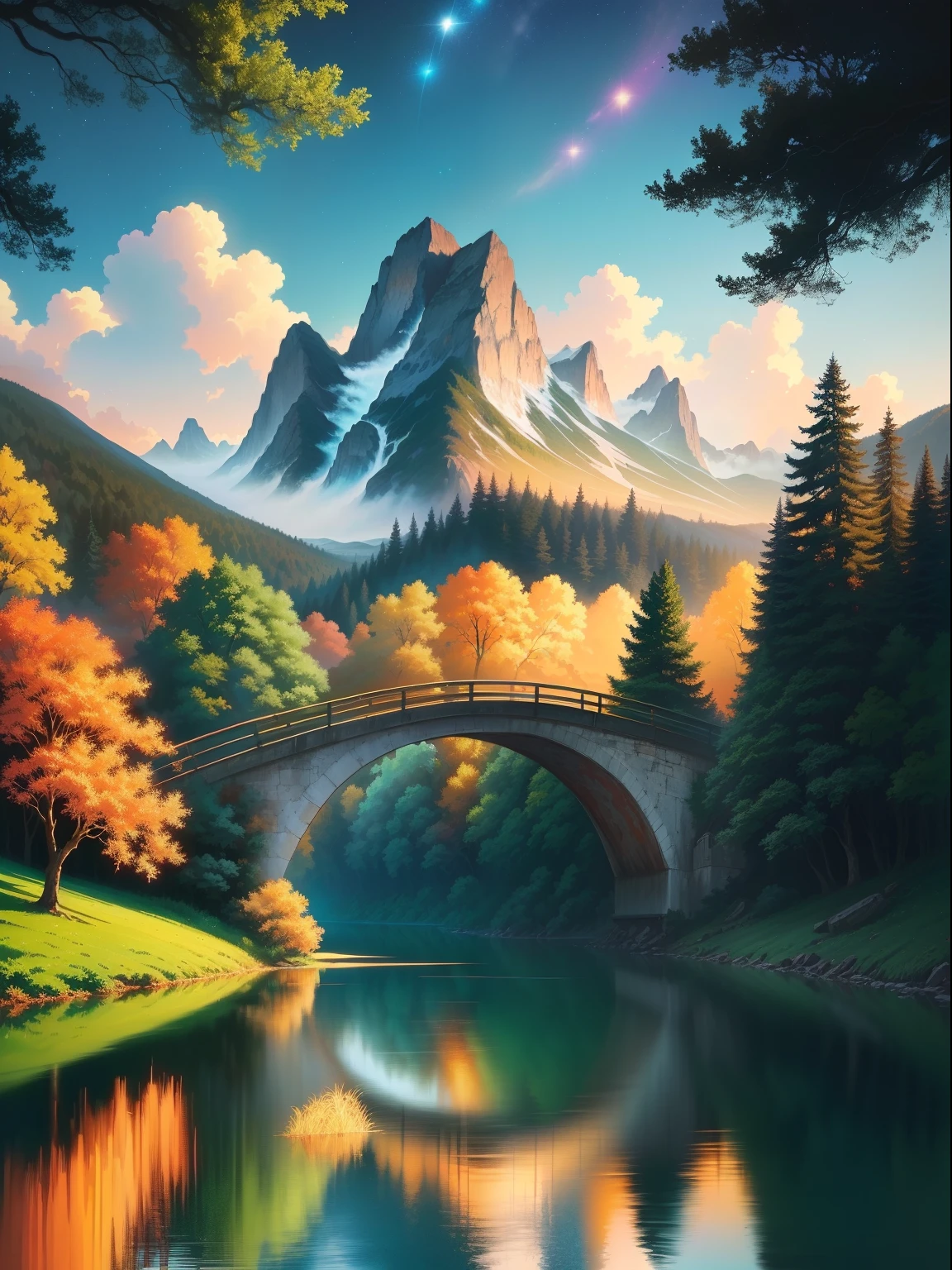 a painting of a lake with trees and a bridge in the background, com lua Clara, starly sky, scenery artwork, noite de outono, scenery art detailed, arte de fundo, arte bonita, arte de fundo do anime, paisagem natural noturna, bela cena detalhada, beautiful artwork, beautiful anime scenery, bela cena de anime, bela arte digital, cena quente e bonita, dream scenery art, anime bela cena de paz, bela arte digital