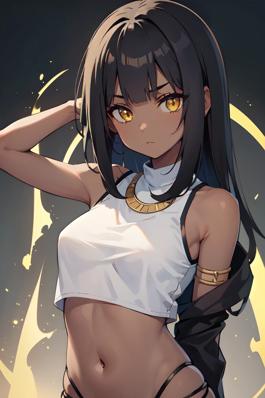 1girl, solo, teen, petite, (dark skin), black hair, medium hair, hime cut, blunt bangs, long sidelocks, messy hair, yellow eyes, glowing eyes, egyptian clothes, white top, navel, (pelvic courtain), old fashioned clothes, (small breasts), inexpressive, neutral, standing, arms behind back, looking at viewer, (upper body), white background, simple background, masterpiece, best quality, 4k