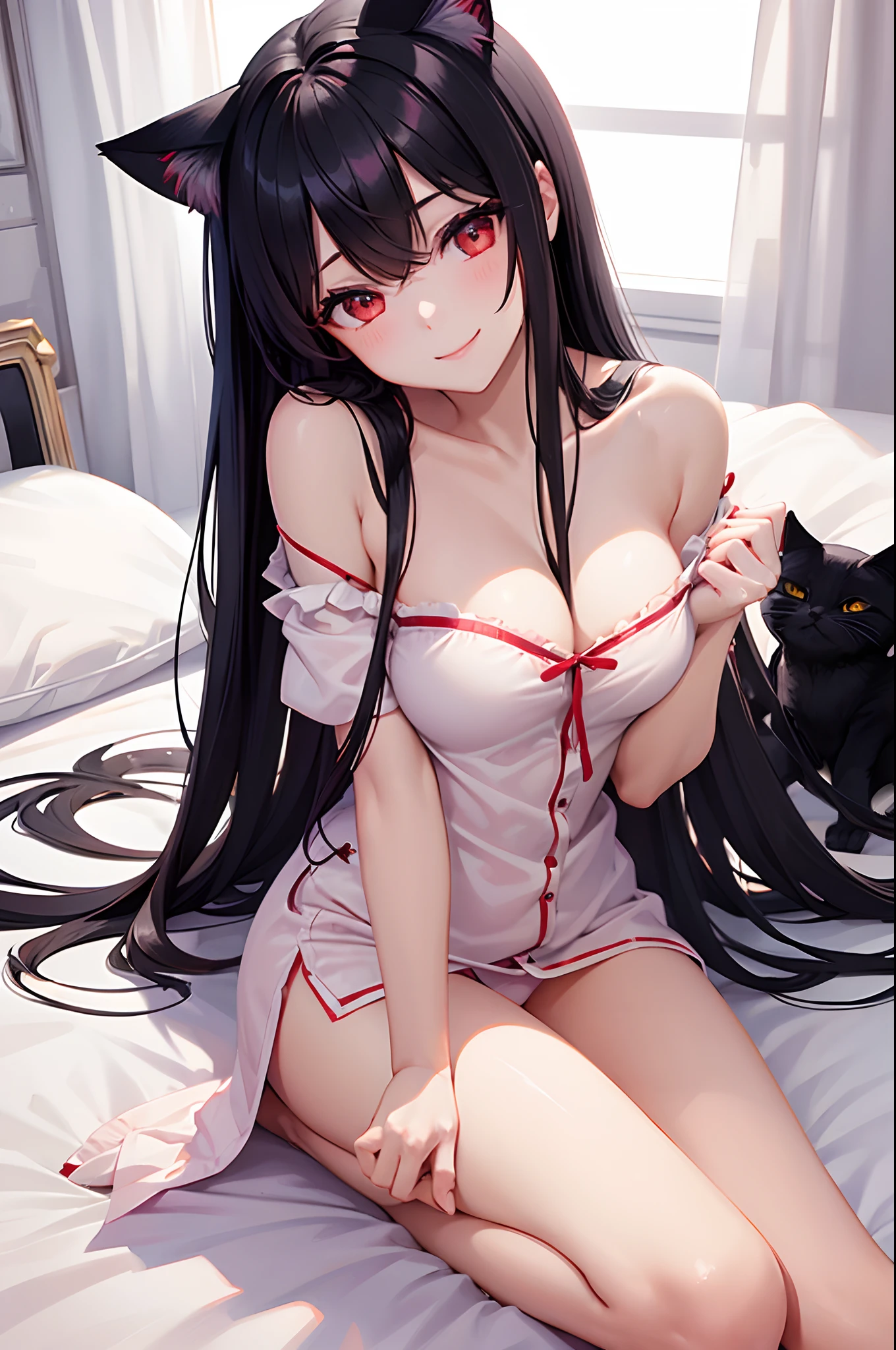 1 girl is wearing pajamas and lying on the bed , red colour eyes, long black hair, perfect body figure & normal breast 1:3, smiling,neko style cat ears, and left eyes wink 😉