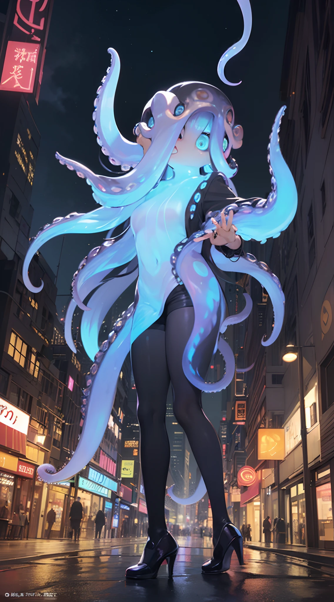 (Dynamic Angle:1.4), ((Full body posing:1.5), (Colorful:1.2), (Highly detailed CG Unity 16K wallpaper:1.1), (Denoising strength: 1.45), (tmasterpiece:1.37), ((Official art)), of the highest quality, (Realistic), Deformed Character, (Short-cut hair:1.2),(Blue Taco Costume:1.5),Red hair,Glowing eyes,(nice eyes:1.2),((Poses in motion:1.4)),((Octopus costume:1.3)),wires, (LED:1.3), (a hologram:1.2), futuristic city street, Neon light, Skyscrapers, (Night:1.2), (Rainbow Model:1.2), 8K resolution, (Anime style:1.3), Cinematic lighting, chromatic abberation, spark of light, Ray tracing, blending, ultra wide-angle,  Hasselblad, (masutepiece), (masutepiece), ((Best Quality)), ((masutepiece)), nffsw