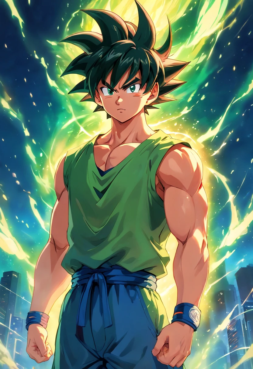 Goku, corpo inteiro, cabelos verdes, Sem camisa, estilo anime, pele amarela brilhante, super musculoso, fundo branco, dando soco, gritando