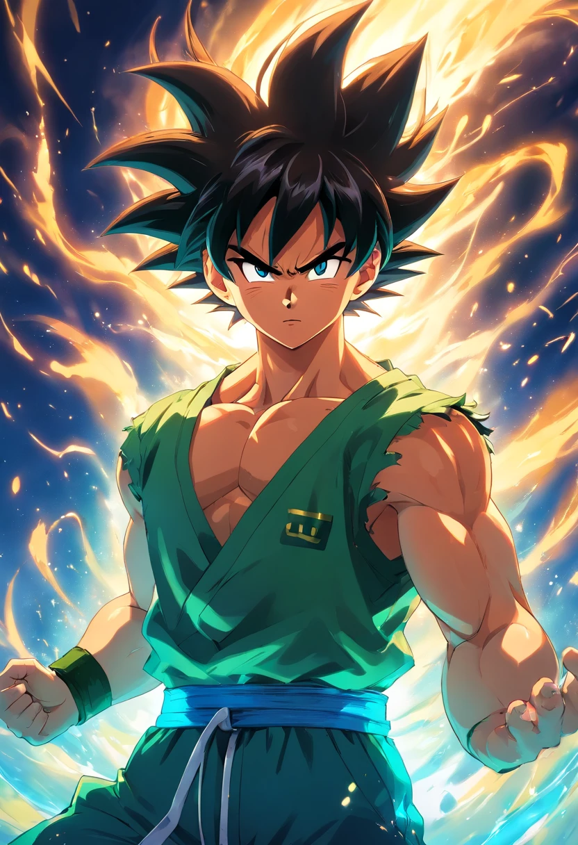 Goku, corpo inteiro, cabelos verdes, Sem camisa, estilo anime, pele amarela brilhante, super musculoso, fundo branco, dando soco, gritando