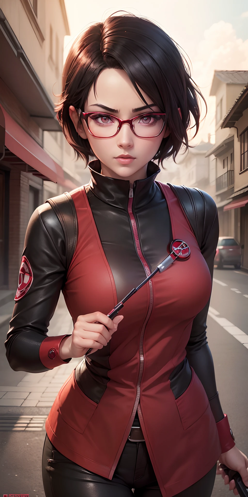 (best quality, high-res, realistic:1.2), Sarada Uchiha, short hair, detailed eyes, detailed lips, glasses, vibrant colors, dynamic pose, mid-action, Uchiha crest, sharingan activated, intense lighting, anime style