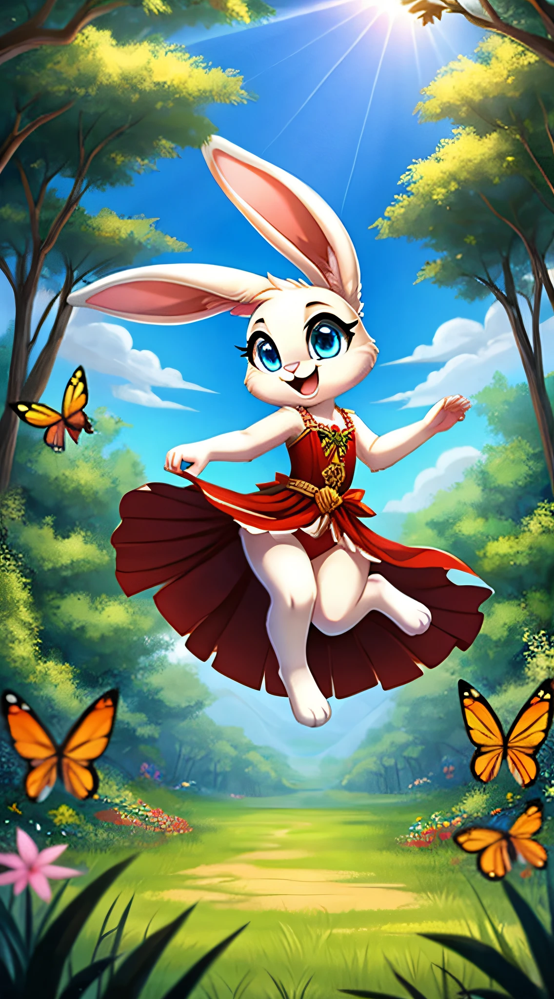 zoomed out image, fantasy style art, cute, adorable, short character, small, tiny little fluffy female white bunny with blue eyes, large poofy rabbit tail, big floppy ears, long ears, ears perked up, raised ears, long eyelashes, wearing a red frilly ribbon dress, in a forest, chasing butterflies, running after butterflies, big expressive smile, open mouth, wide eyes, excited eyes, excited face, stunning visuals, sunrays, digital illustration