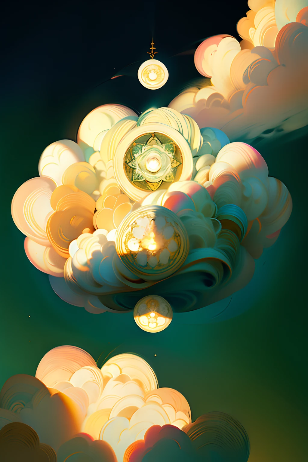 A round ornamental mandala made of light rays from heaven, surrounded by puffy white clouds.