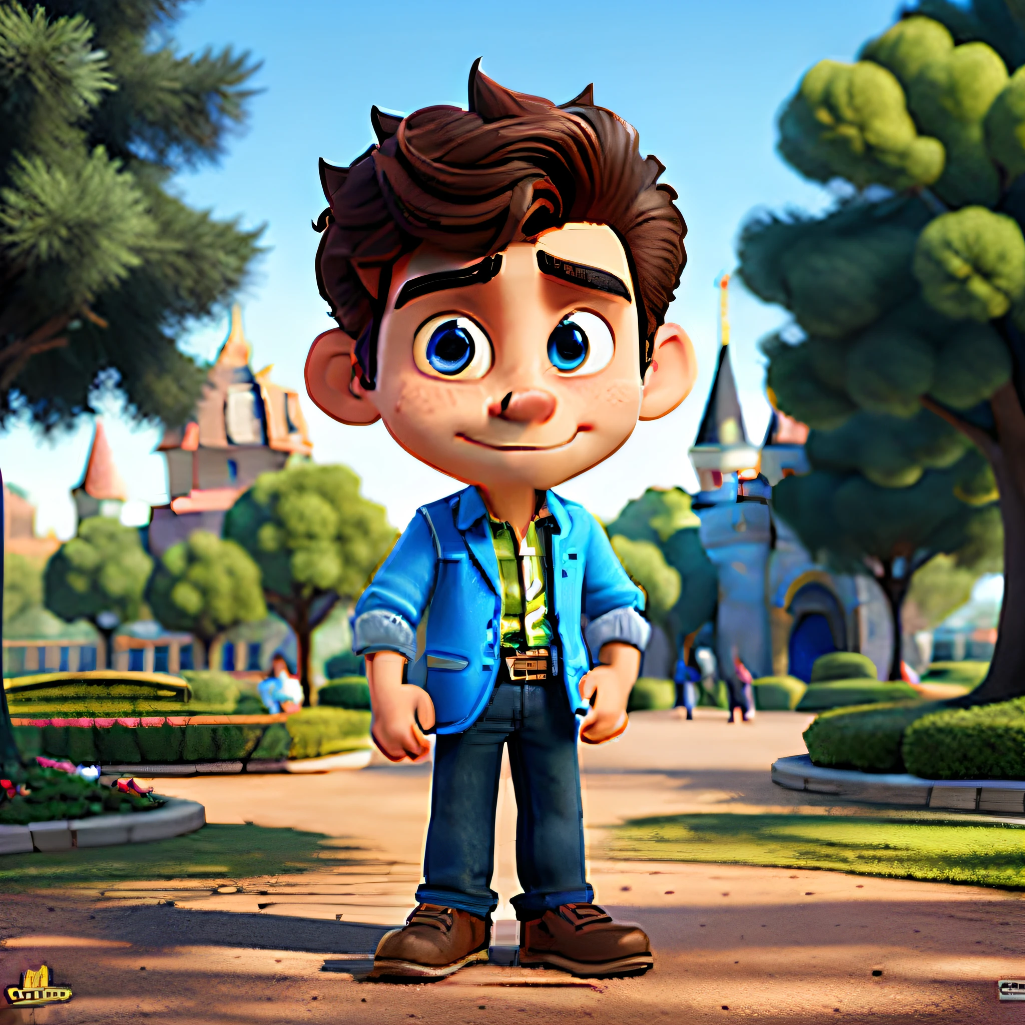 tmasterpiece,The best quality,A man with eyes,Headshot,Disney style,standing in the park,Lots of detail on the face