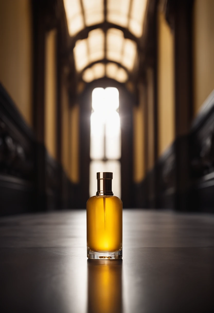 realistic photography, advertising, product, front view, yellow round perfume bottle, on top of the floor of the long corridor of the royal castle, windows on the side, volumetric light, cinematic, high details, contrast, color grading, sharpness, depth effect, lens 35mm, iso 100