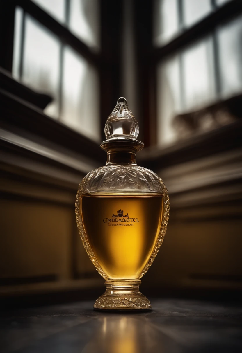 realistic photography, advertising, product, front view, yellow round perfume bottle, on top of the floor of the long corridor of the royal castle, windows on the side, volumetric light, cinematic, high details, contrast, color grading, sharpness, depth effect, lens 35mm, iso 100