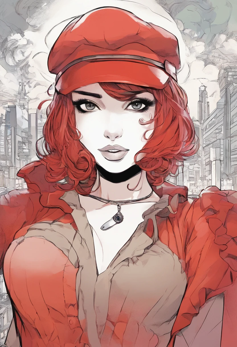 A girl, Low, with red hair, square, ((((One eye is covered with hair)))) ,in a beret and an elegant dress