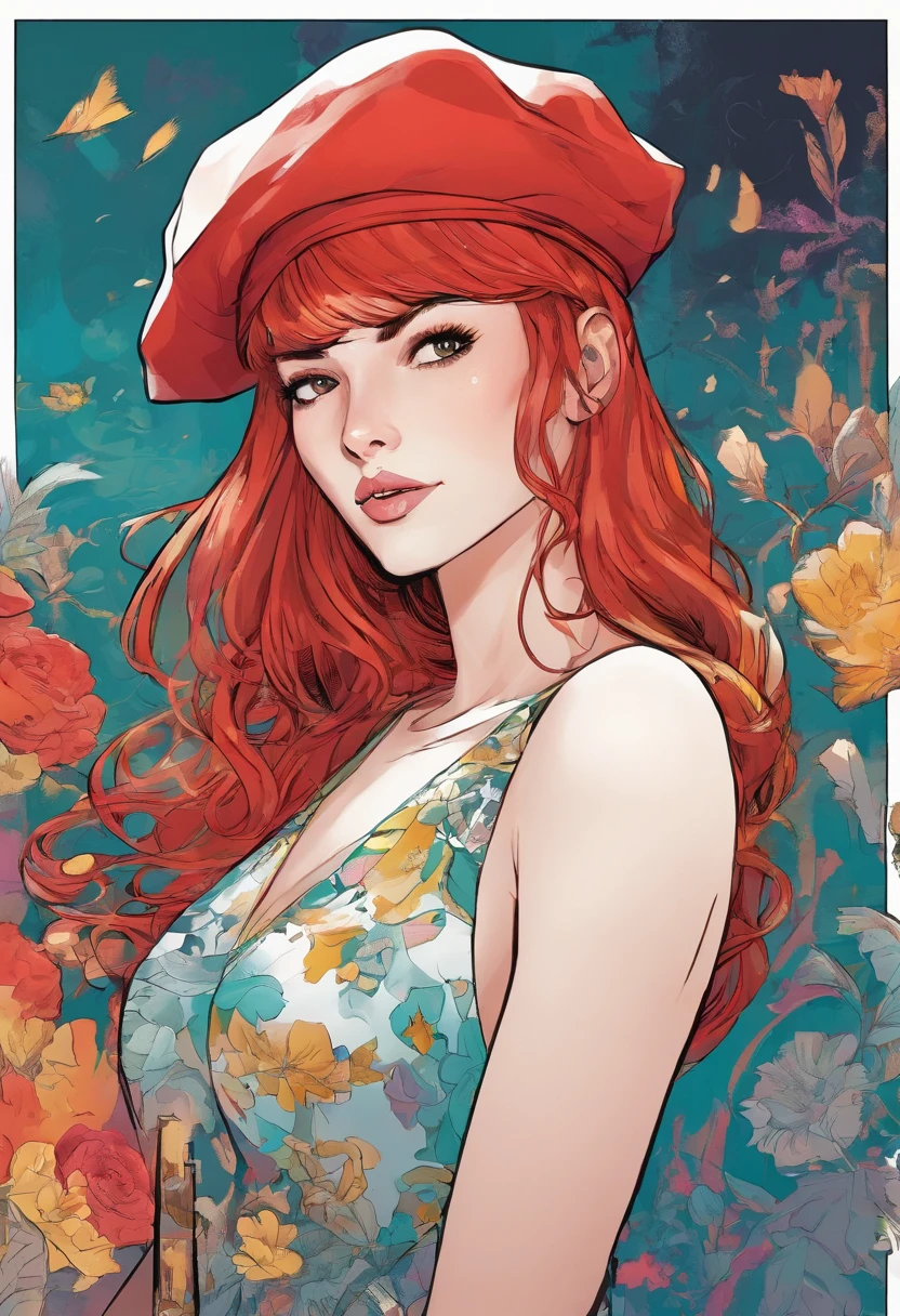 A girl, Low, with red hair, square, ((((One eye is covered with hair)))) ,in a beret and an elegant dress
