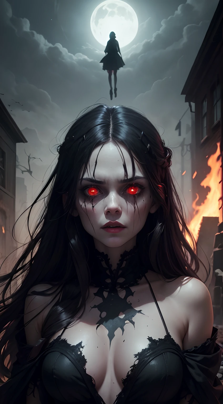 "Craft a bone-chilling masterpiece set in a 1600s graveyard on a cold, foggy night. Amidst the crumbling tombstones and eerie silence, introduce a malevolent and emaciated witch figure, her unnaturally thin frame shrouded in a tattered black dress from the era. Her messy, long, straight dark hair hangs like a curtain of dread, partially obscuring her blood-red eyes, which emit an evil, otherworldly glow. As she hovers above the ground, a sense of terror and dread permeates the air, and the atmosphere is thick with decay and disgust. Describe the fear that washes over anyone who dares to lay eyes upon her twisted, sickly form. Evoking shock value and pure horror, paint a vivid portrait of her menacing presence, leaving readers with a lingering sense of unease. This is a scene designed to haunt their nightmares." (masterpiece), (image cover), a creepy skull in the sky with dark long hair, its dark, foggy, fire, glowing red eyes, smoke, night time, fall weather, horror, mad, demonic, evil, hell, witch, zombie, dead, decay, vampire, monster