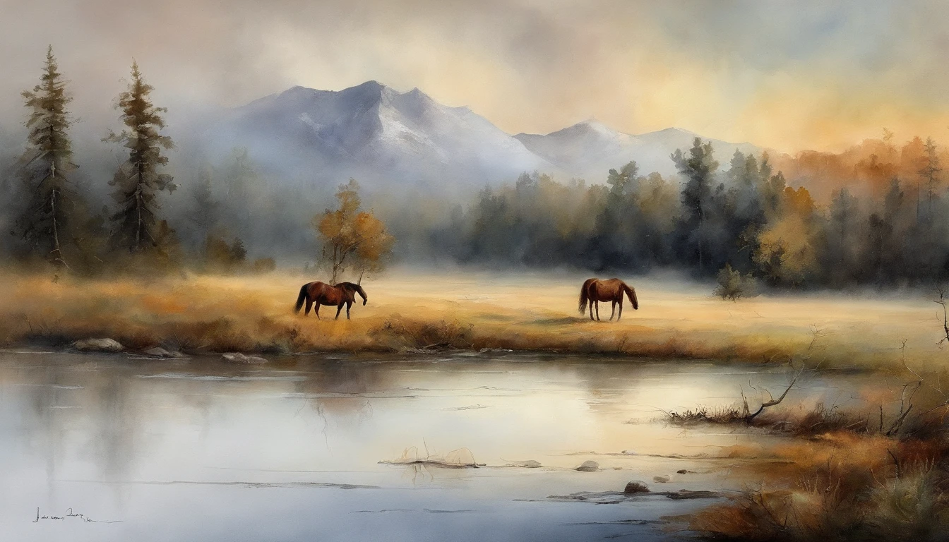 painting of a mountain scene with a lone horse in the foreground, tonalism style, tonalism painting, tonalism, tonalism!, inspired by Asher Brown Durand, inspired by Benjamin Williams Leader, inspired by William Trost Richards, james bama, inspired by John Frederick Kensett, forest landscape, painting of a forest, by Hermann Rüdisühli