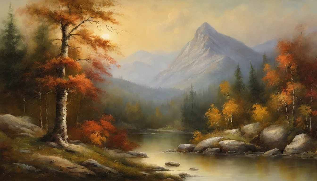 painting of a mountain scene with a lone horse in the foreground, tonalism style, tonalism painting, tonalism, tonalism!, inspired by Asher Brown Durand, inspired by Benjamin Williams Leader, inspired by William Trost Richards, james bama, inspired by John Frederick Kensett, forest landscape, painting of a forest, by Hermann Rüdisühli