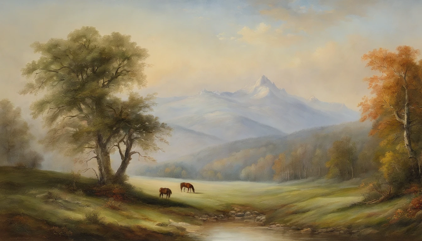 painting of a mountain scene with a lone horse in the foreground, tonalism style, tonalism painting, tonalism, tonalism!, inspired by Asher Brown Durand, inspired by Benjamin Williams Leader, inspired by William Trost Richards, james bama, inspired by John Frederick Kensett, forest landscape, painting of a forest, by Hermann Rüdisühli