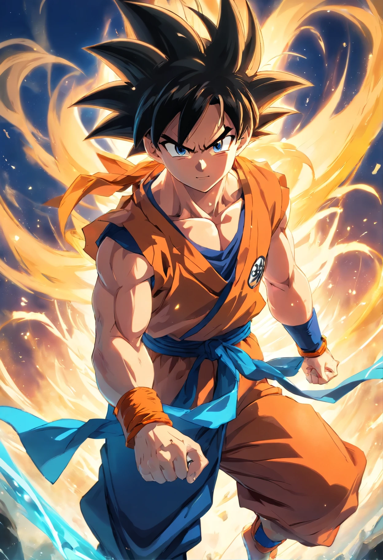 Goku, corpo inteiro, cabelos verdes, Sem camisa, estilo anime, pele amarela brilhante, super musculoso, fundo branco, dando soco, gritando