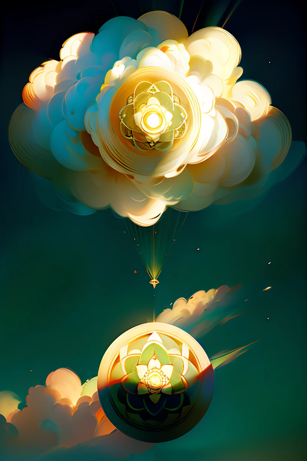A round ornamental mandala made of light rays from heaven, surrounded by puffy white clouds.