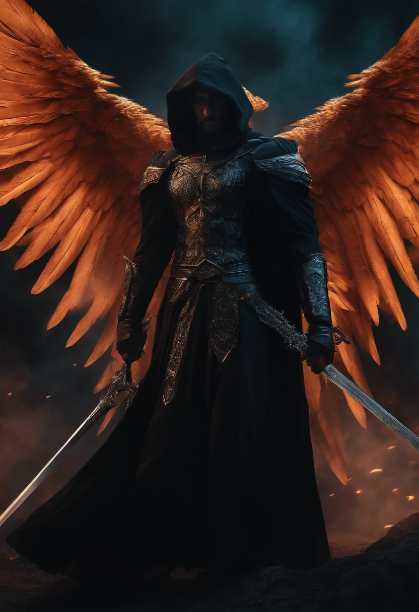 Realistic, 4K, Angels with big wings, Black clothes, one sword, Head hood in war background image (chaos)