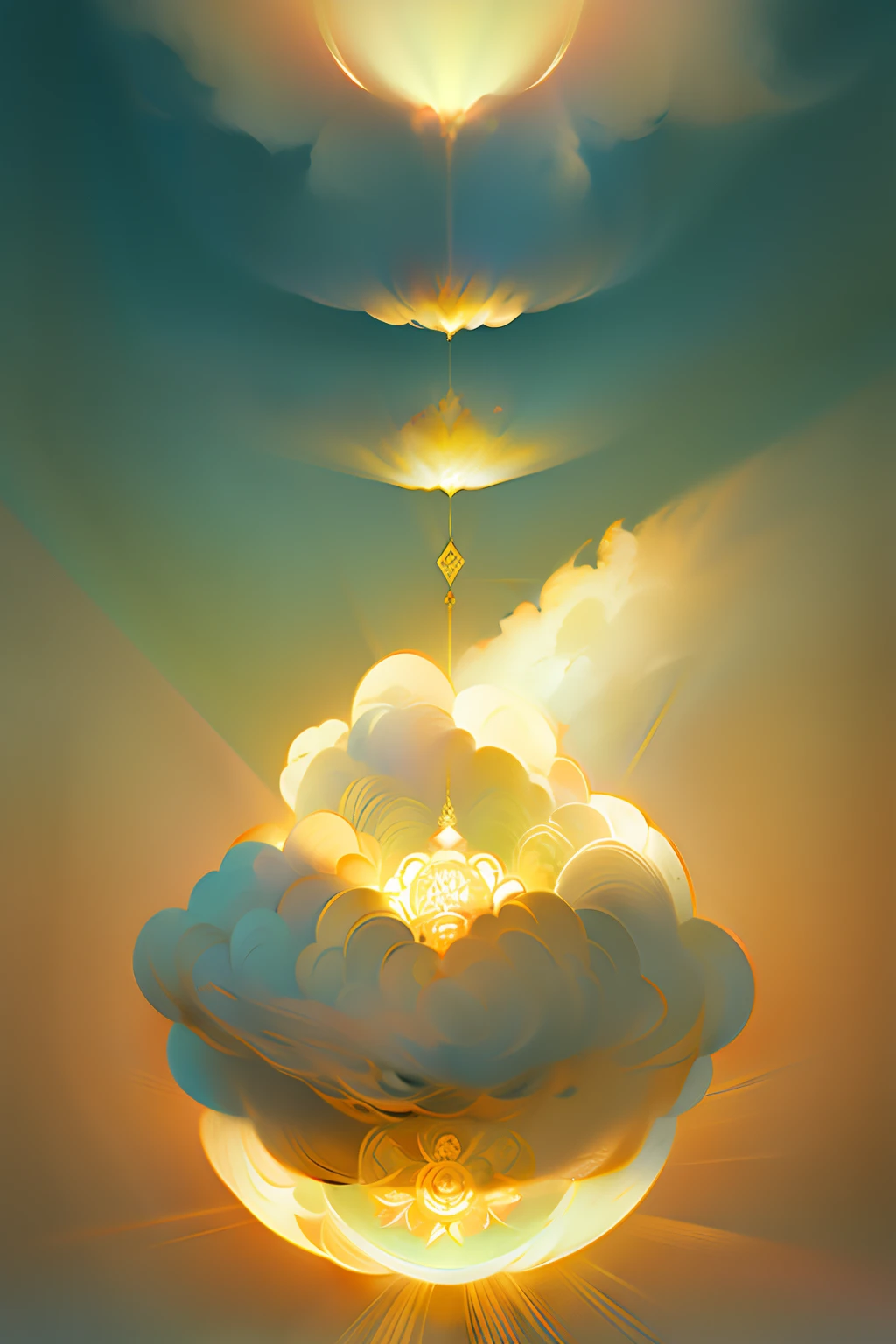 A round ornamental mandala made of light rays from heaven, surrounded by puffy white clouds.