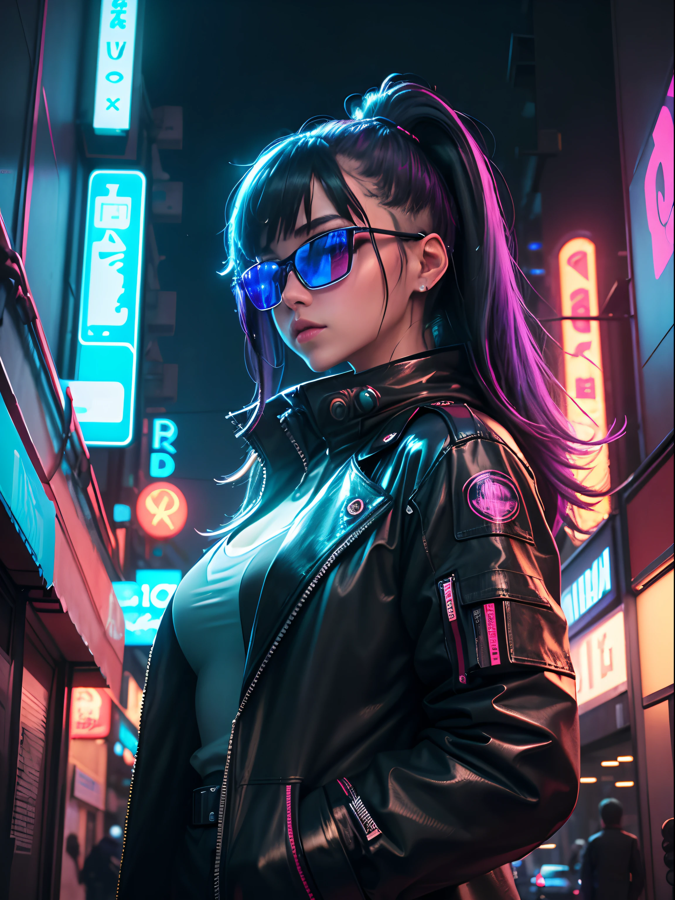 (best quality,4k,8k,highres,masterpiece:1.2),ultra-detailed,(realistic,photorealistic,photo-realistic:1.37),Japanese girl,neon,cyberpunk,anime,street lights,cityscape,glowing signs,vibrant colors,sleek hair,soft smile,reflective sunglasses,cybernetic enhancements,japanese neon signs,pixelated city skyline,holographic displays,nighttime city scene,technological advancements,luminous atmosphere,neon-lit alleyways,high-tech fashion,innovative gadgets,urban metropolis,electric blue color palette,mysterious aura,energetic atmosphere.gcaux