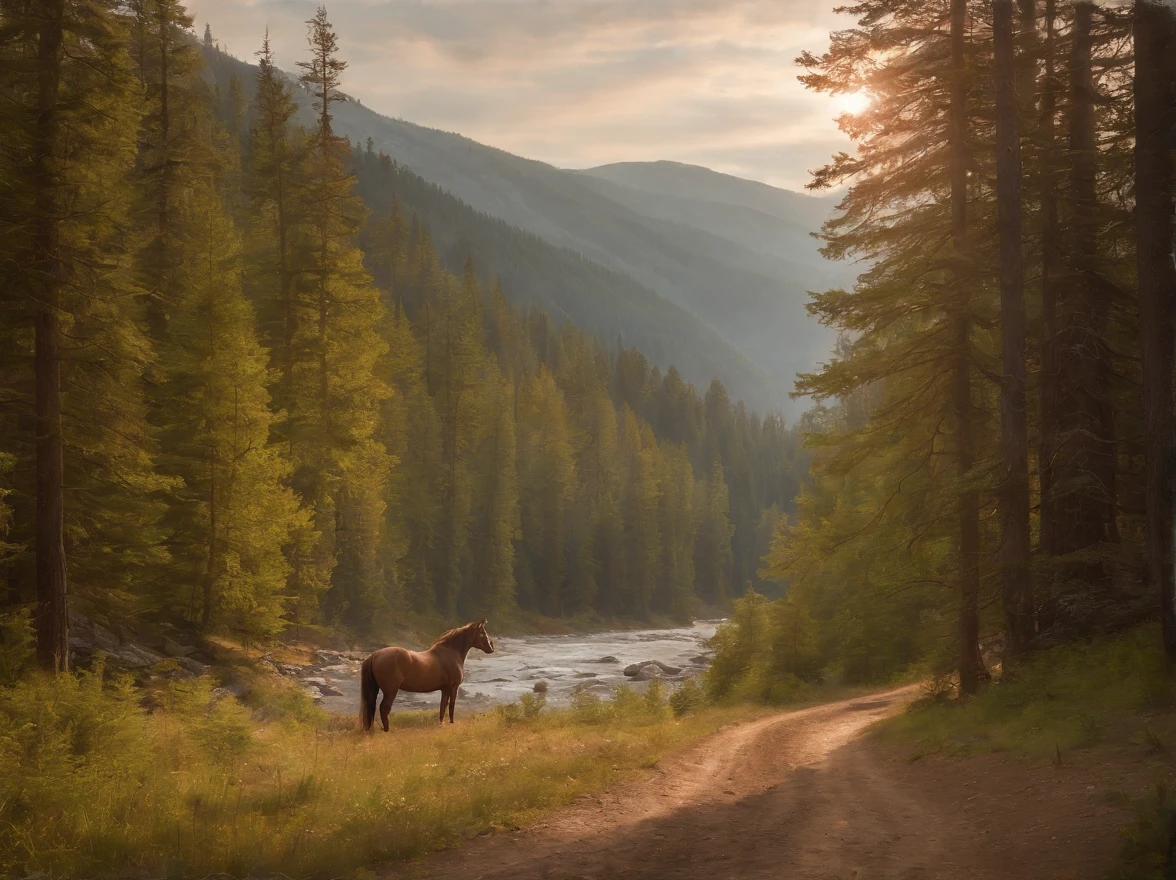 painting of a mountain scene with a lone horse in the foreground, tonalism style, tonalism painting, tonalism, tonalism!, inspired by Asher Brown Durand, inspired by Benjamin Williams Leader, inspired by William Trost Richards, james bama, inspired by John Frederick Kensett, forest landscape, painting of a forest, by Hermann Rüdisühli