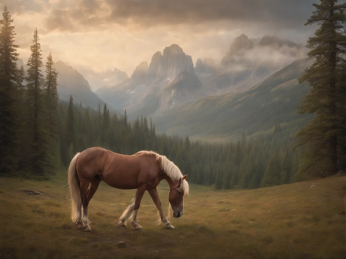 painting of a mountain scene with a lone horse in the foreground, tonalism style, tonalism painting, tonalism, tonalism!, inspired by Asher Brown Durand, inspired by Benjamin Williams Leader, inspired by William Trost Richards, james bama, inspired by John Frederick Kensett, forest landscape, painting of a forest, by Hermann Rüdisühli