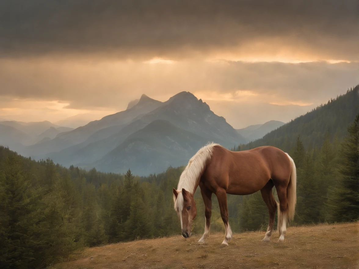 painting of a mountain scene with a lone horse in the foreground, tonalism style, tonalism painting, tonalism, tonalism!, inspired by Asher Brown Durand, inspired by Benjamin Williams Leader, inspired by William Trost Richards, james bama, inspired by John Frederick Kensett, forest landscape, painting of a forest, by Hermann Rüdisühli