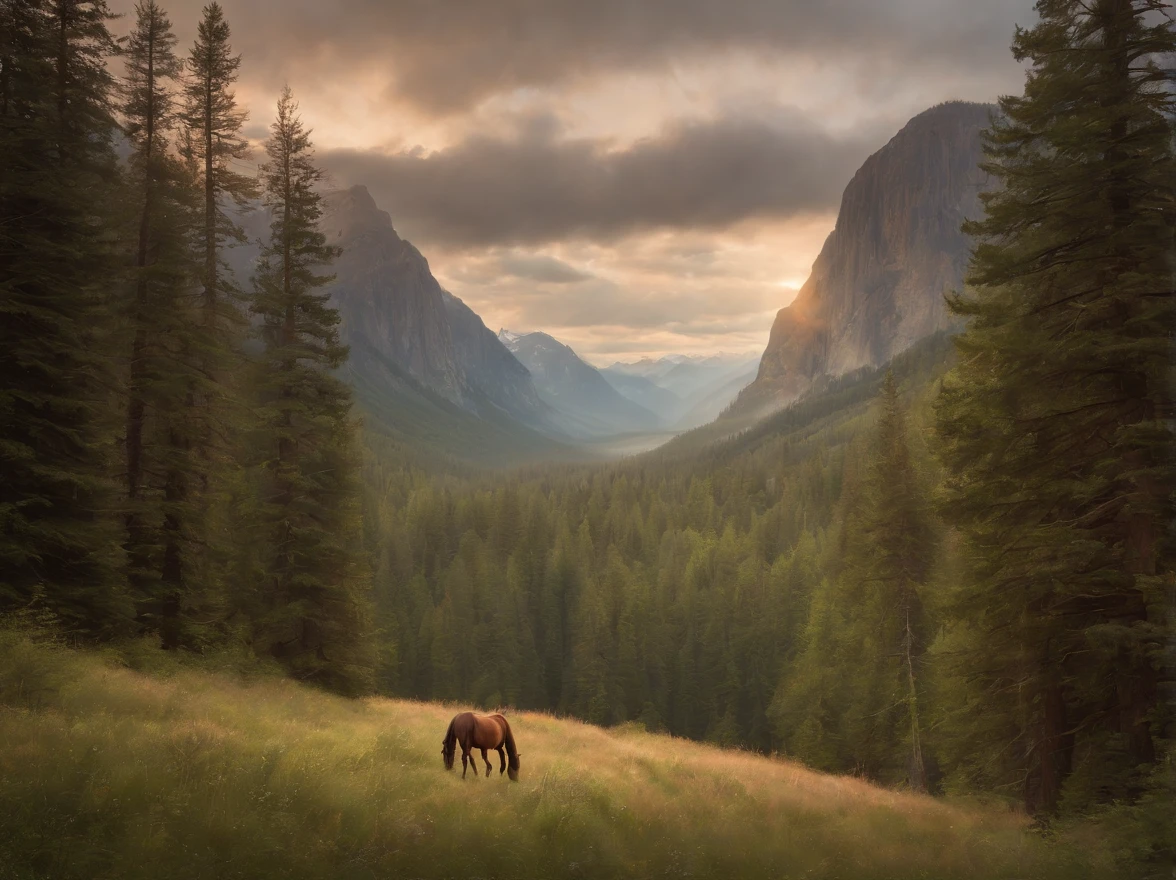 painting of a mountain scene with a lone horse in the foreground, tonalism style, tonalism painting, tonalism, tonalism!, inspired by Asher Brown Durand, inspired by Benjamin Williams Leader, inspired by William Trost Richards, james bama, inspired by John Frederick Kensett, forest landscape, painting of a forest, by Hermann Rüdisühli