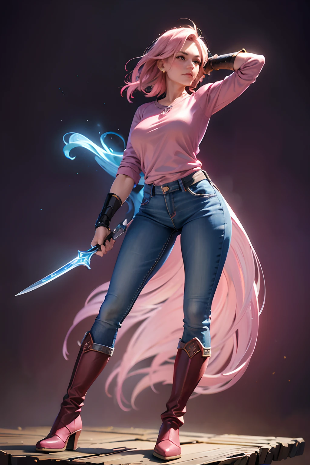 (mature woman,pink top,blue jeans,warrior,holding blue sword,boots,masterpiece,dynamic pose,interesting background), oil painting, detailed brushwork, vibrant colors, realistic lighting, portrait style, warm color tones.