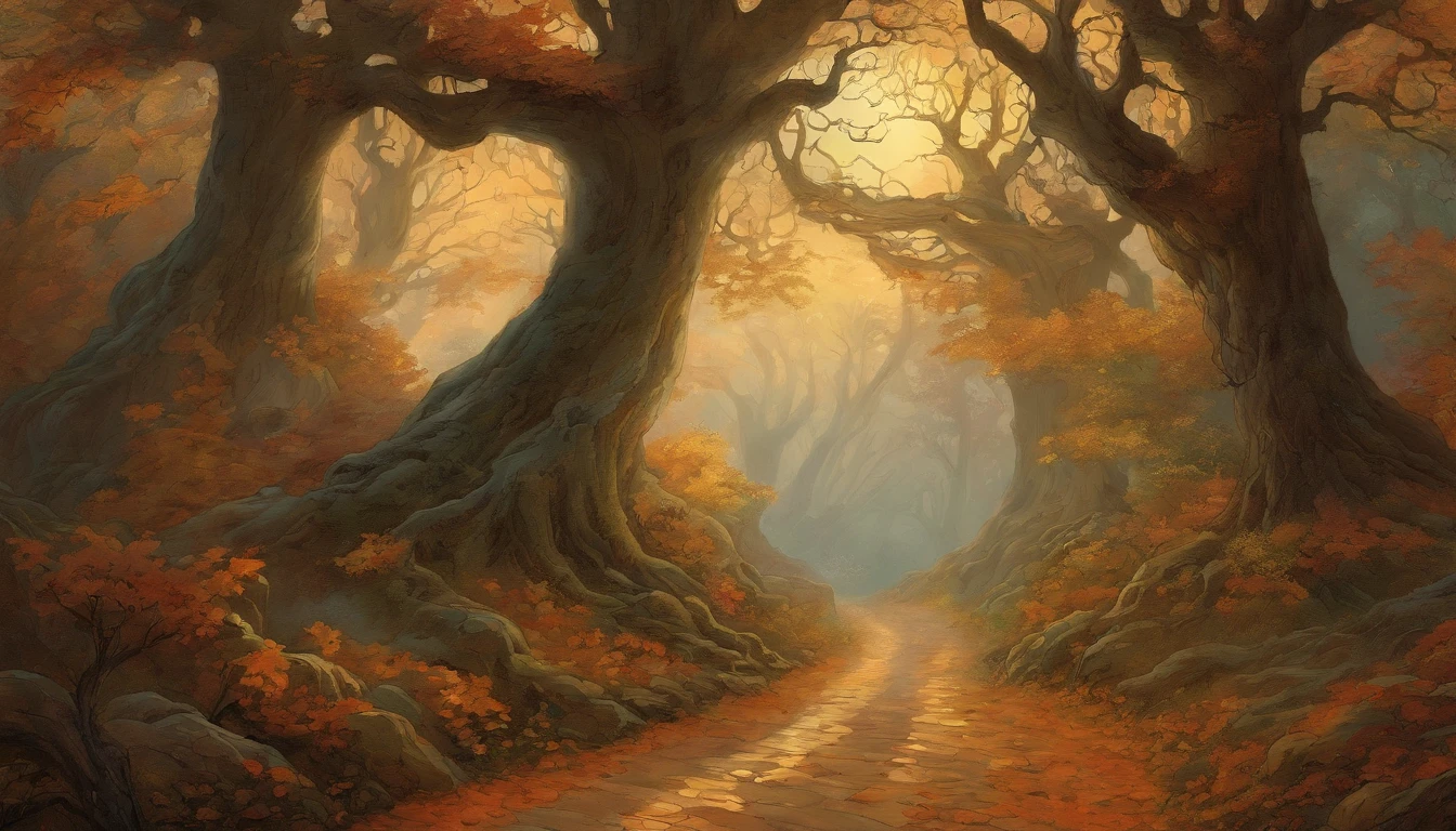 haunted forest, pathway through the tree, pumpkins on the ground, Asher Brown Durand, Camille Pissarro style --no frames, canvas