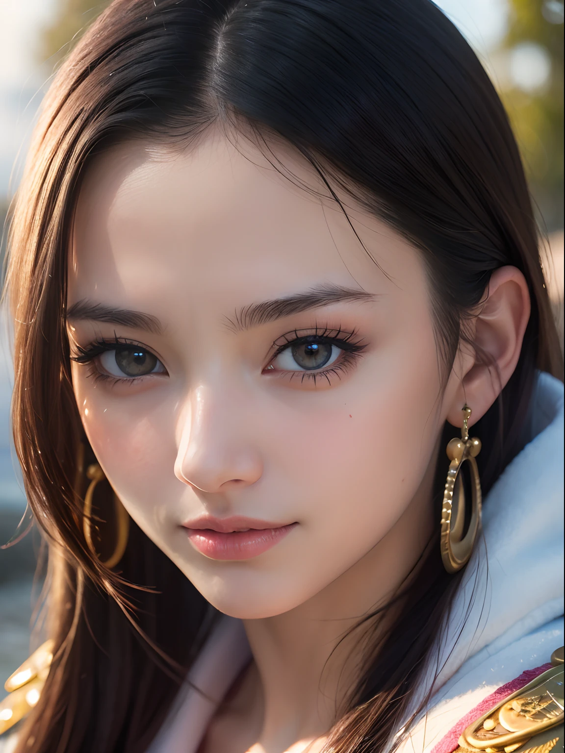 (masterpiece, best quality:1.4), (face focus:1.5), outside, (near the sea), 1girl, solo, hancock1, 1girl, boa hancock, large breasts, cleavage, long hair, epaulettes, cape, (white cape:1), crop top, long sleeves, side slit, (european youth  woman:1), looking at viewer, beautifull smile, beautiful face, highly detailed face, highly detailed eyes, subsurface scattering, realistic pupils, full face blush, full lips, detailed background, depth of field, volumetric lighting, sharp focus, absurdres, realistic proportions, (realistic, hyperrealistic:1.4), 16k hdr