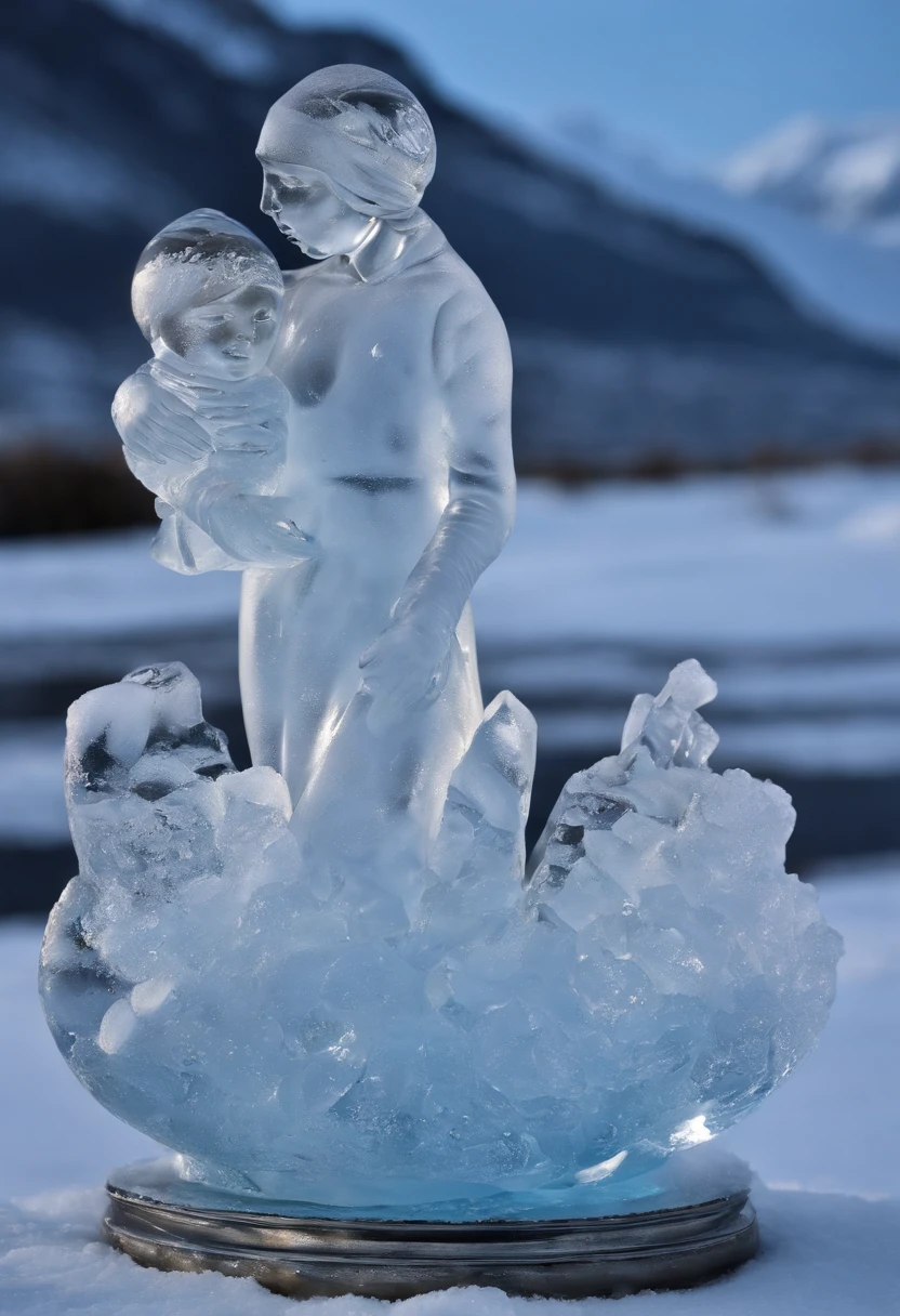 (best quality,alto:1.2),ultra-detalhado,Realistic,escultura de gelo, ice statue, gelo lindamente esculpido,luz cintilante,reflection,detalhes finos,Texturas delicadas,cristal,sombras sutis,Artesanato meticuloso,shimmering surface,temperatura de congelamento,cor azul gelada,mesa com entalhes intrincados,Arctic atmosphere,artistic masterpiece