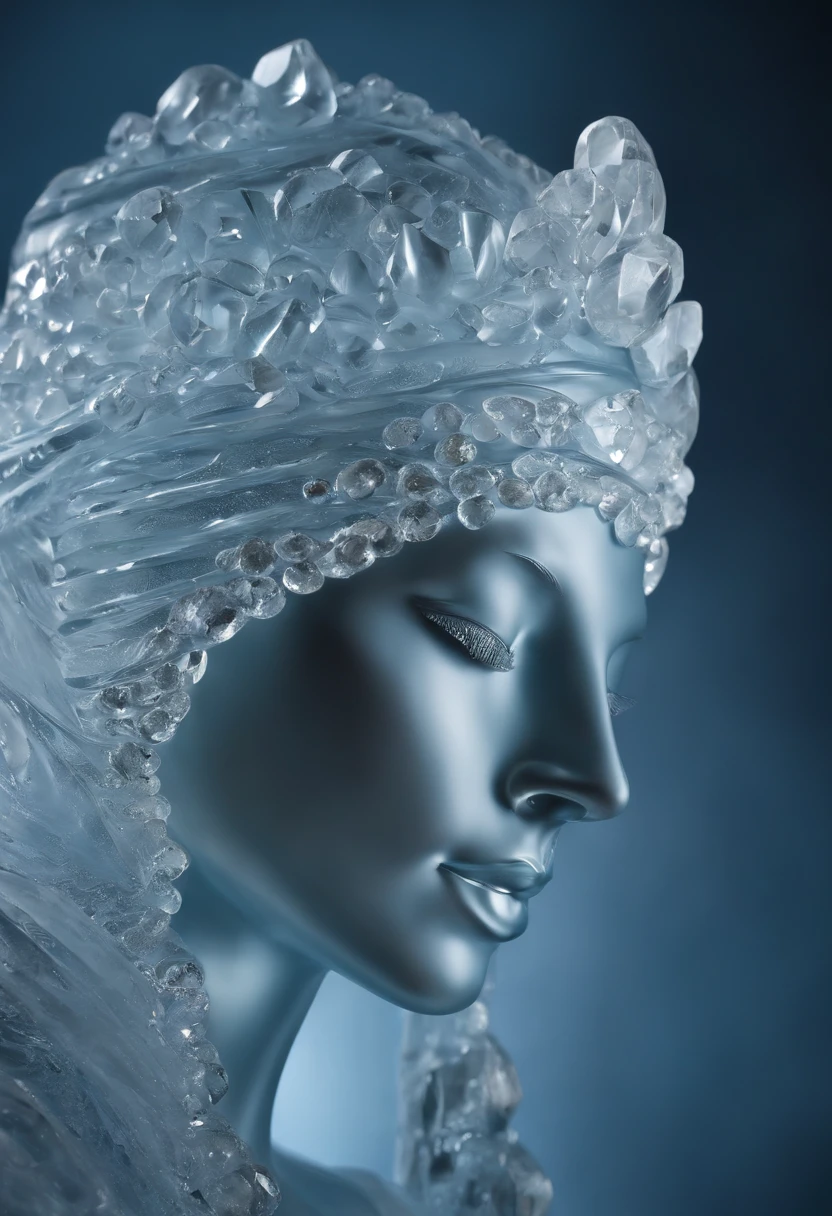 (best quality,alto:1.2),ultra-detalhado,Realistic,escultura de gelo, ice statue, gelo lindamente esculpido,luz cintilante,reflection,detalhes finos,Texturas delicadas,cristal,sombras sutis,Artesanato meticuloso,shimmering surface,temperatura de congelamento,cor azul gelada,mesa com entalhes intrincados,Arctic atmosphere,artistic masterpiece